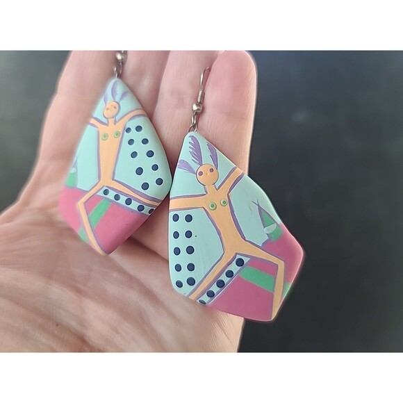 Bohemian Wooden Handpainted Dangling Earrings Vintage Costume Jewelry NOS - Picture 4 of 10